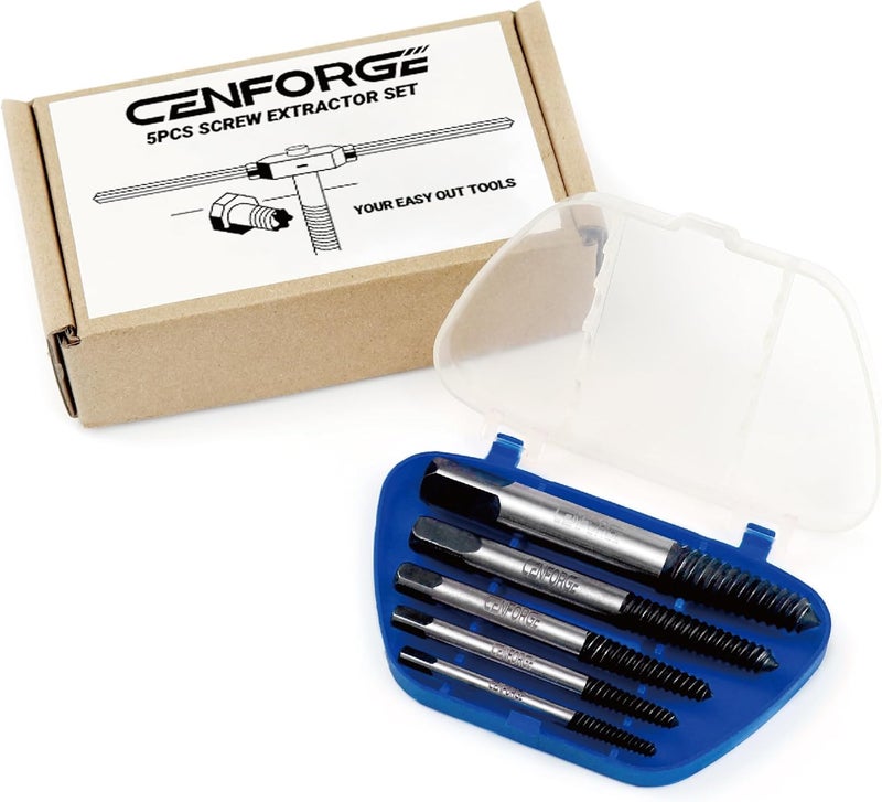 CENFORGE Store 5-Piece Spiral Screw Extractor Set, Damaged Screw Extractor, Stripped Screw Extractor, Easy Out Screw Extractor Set, Bolt Extractor Kit, Spiral flutes, Studs, 1/8" to 3/4" diameter，14108 - Image 1